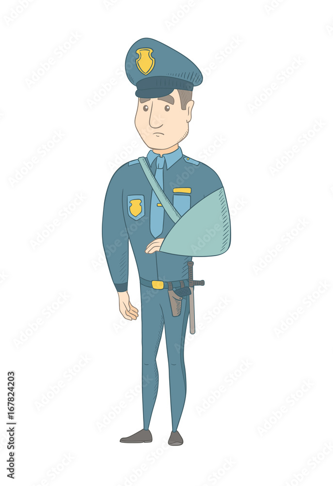 Injured caucasian policeman wearing an arm brace. Young policeman with broken arm in sling. Full length of policeman with injured arm. Vector sketch cartoon illustration isolated on white background. Injured caucasian policeman wearing an arm brace. Young policeman with broken arm in sling. Full length of policeman with injured arm. Vector sketch cartoon illustration isolated on white background.