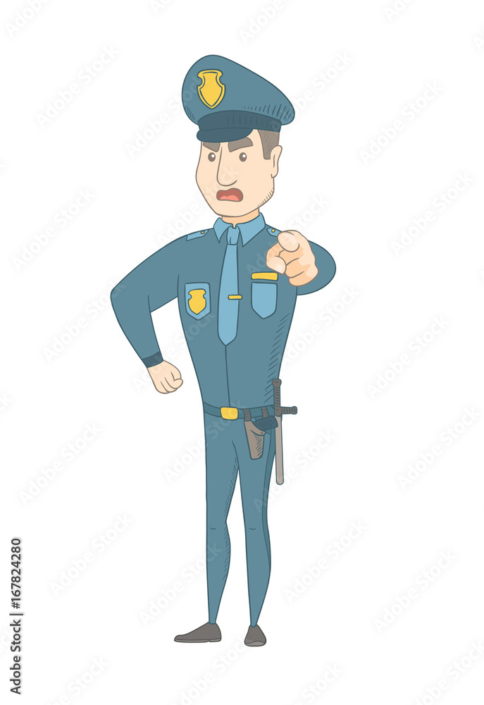 Young caucasian serious police officer in uniform showing on you. Full length of angry police officer pointing at you with a finger. Vector sketch cartoon illustration isolated on white background.