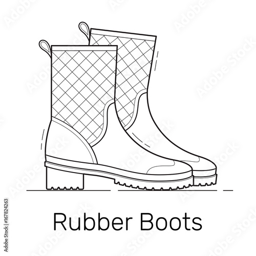Rubber rain boots linear design vector illustration. Pair of galoshes isolated on white background.
