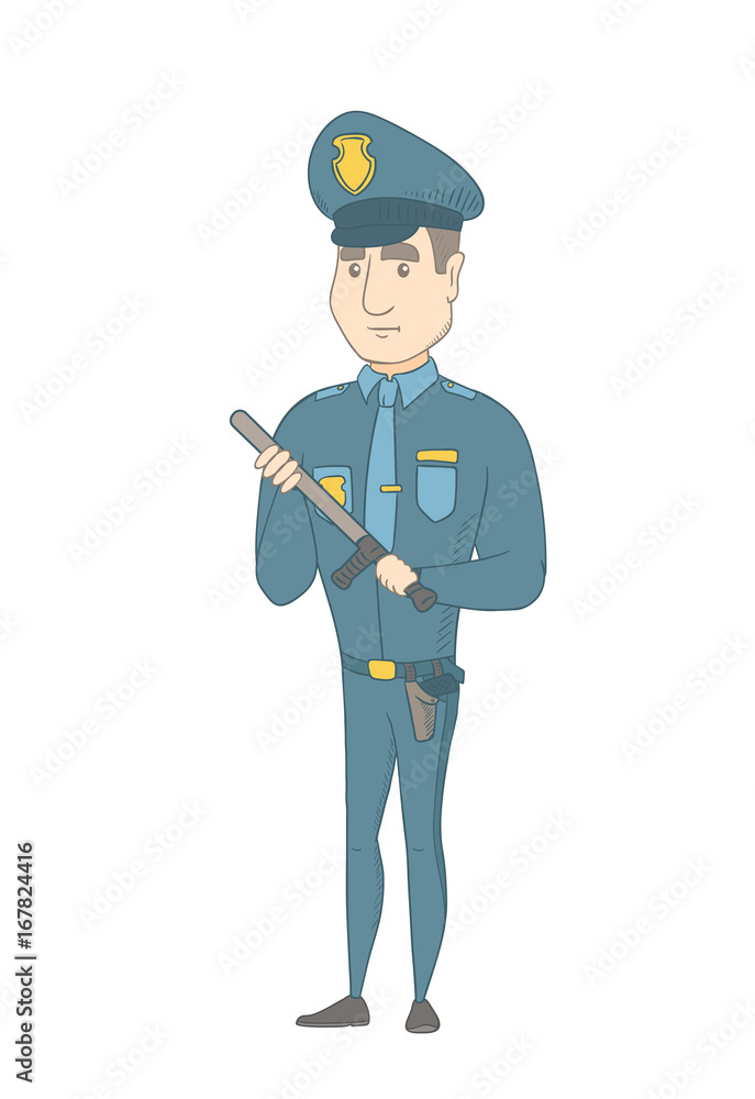 Caucasian policeman wearing blue uniform and holding a baton in hand. Full length young serious policeman with a baton. Vector sketch cartoon illustration isolated on white background.