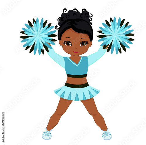 Cheerleader in turquoise uniform with Pom Poms. Vector illustration isolated on white background.