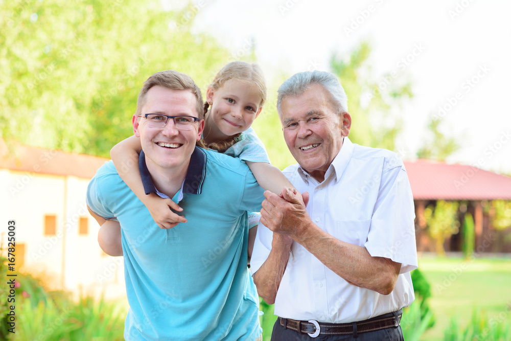 Portrait of happy old grandfather and cute children Portrait of happy old grandfather and cute children