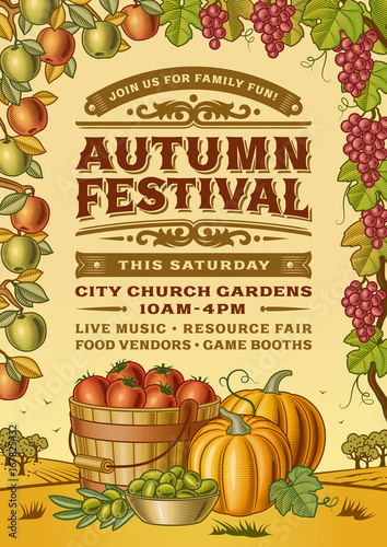 Vintage Autumn Festival Poster. Editable vector illustration in retro  woodcut style with clipping mask.