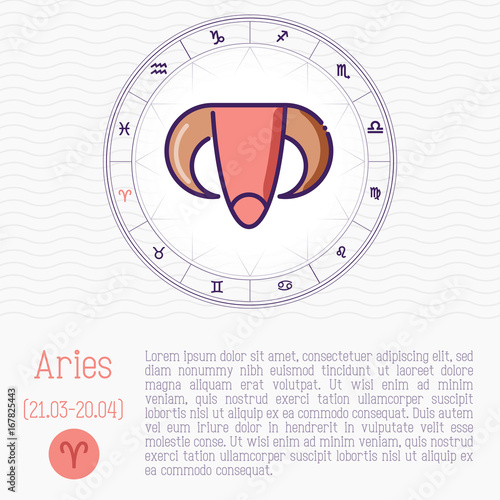 Aries in zodiac wheel, horoscope chart with place for text. Thin line vector illustration.