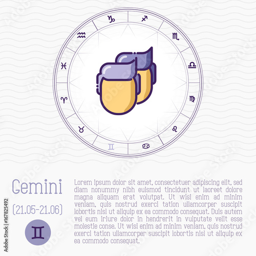 Gemini in zodiac wheel, horoscope chart with place for text. Thin line vector illustration.