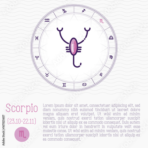 Scorpio in zodiac wheel, horoscope chart with place for text. Thin line vector illustration.