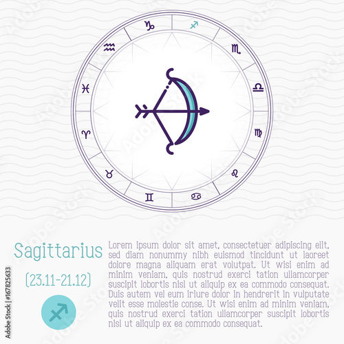 Sagittarius in zodiac wheel, horoscope chart with place for text. Thin line vector illustration.