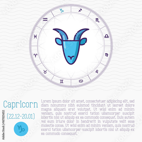 Capricorn in zodiac wheel, horoscope chart with place for text. Thin line vector illustration.