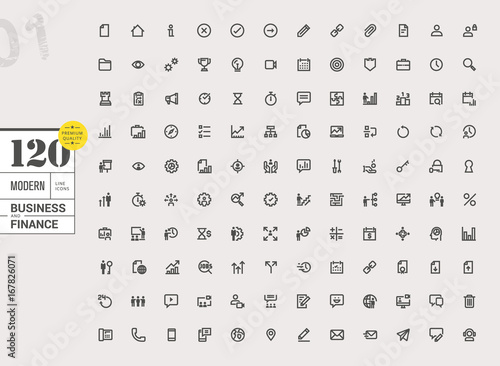 Modern business line icons set. Vector illustrations for business, finance, online communication, office, management, social media, business streaming, marketing and strategy, internet security.