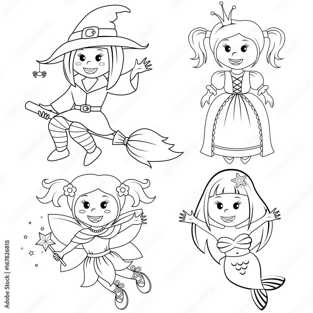 Set of cute fairytale girls. Halloween witch, mermaid, princess and fairy. Black and white vector illustration for coloring book Set of cute fairytale girls. Halloween witch, mermaid, princess and fairy. Black and white vector illustration for coloring book