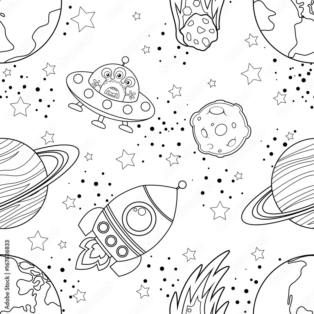 Obraz Childish seamless space pattern with planets, UFO, rockets and stars. Black silhouette on white background #167826833