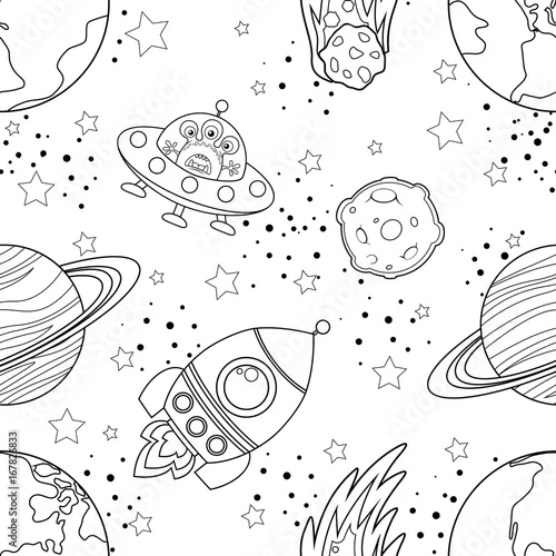 Obraz Dziecinna bezszwowa przestrzeń z planetami, UFO, rakietami i gwiazdami. Czarna sylwetka na białym tle