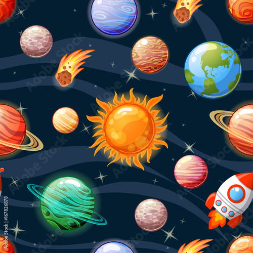 Childish seamless space pattern with Sun, Mercury, Venus, Earth, Mars, Jupiter, Saturn, Uranus, Neptune, Pluto, spaceship, asteroid and stars