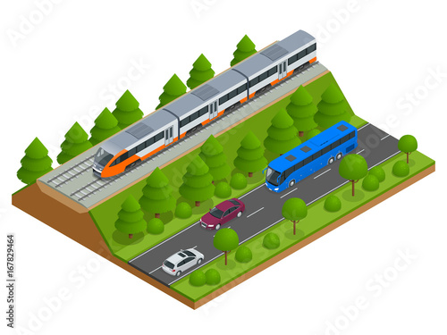 Isometric train tracks and modern train. Railroad icons. Modern high speed red commuter train. Flat 3d isometric vector illustration. For infographics and design games.