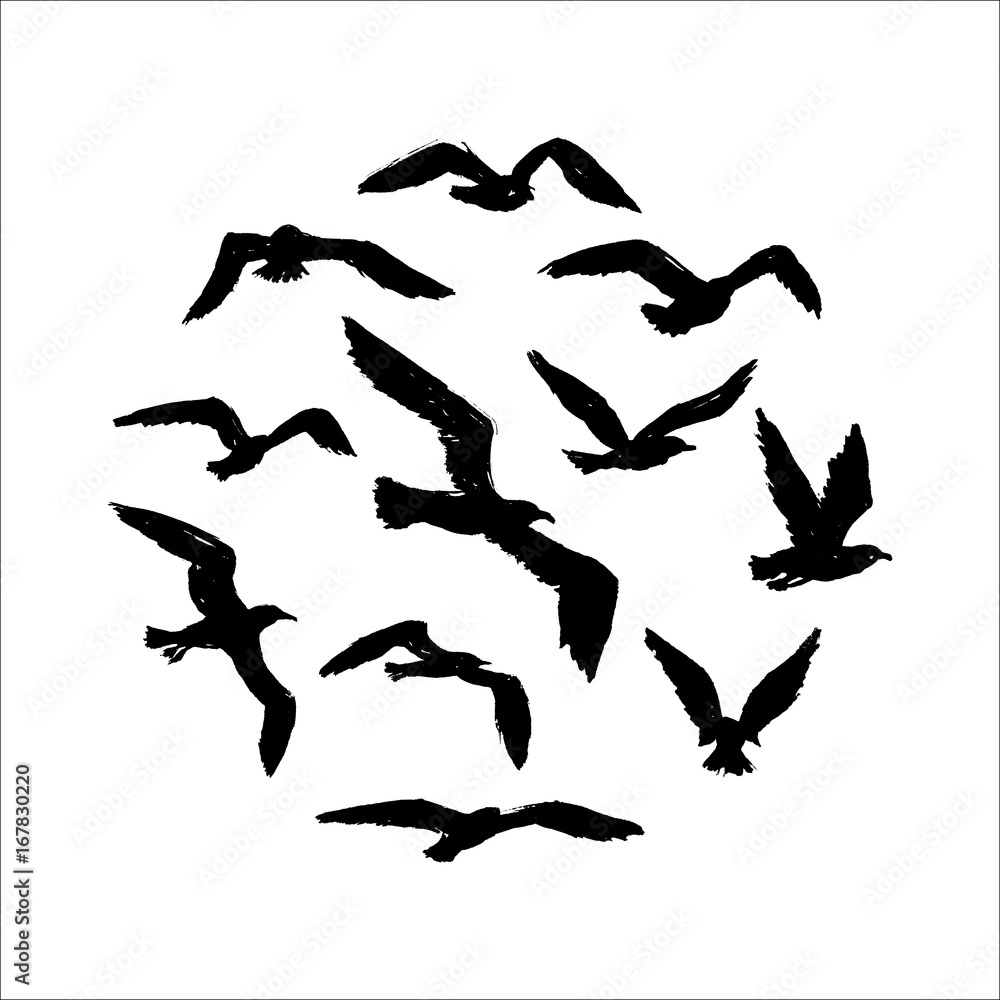 Seagulls - grunge round pattern with hand-drawn birds