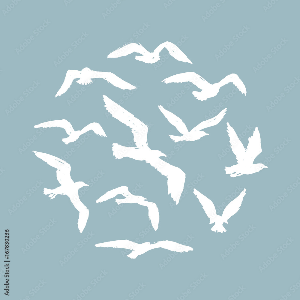 Seagulls - grunge round pattern with white hand-drawn birds Seagulls - grunge round pattern with white hand-drawn birds