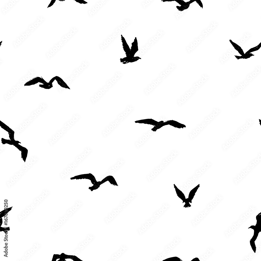 Seagulls - grunge seamless pattern with black little hand-drawn birds Seagulls - grunge seamless pattern with black little hand-drawn birds