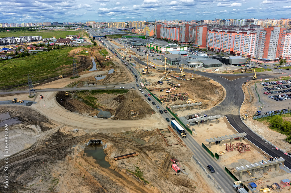 Tyumen, Russia - June 1, 2017: Construction of two-level outcome on bypass road on Fedyuninskogo and Permyakova streets intersection
