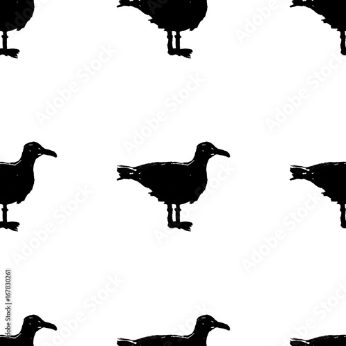Seagulls - grunge seamless pattern with hand-drawn bird