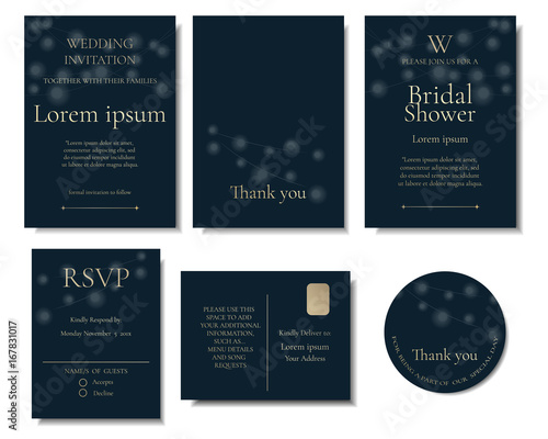 Set of light decoration on wedding invitation card. Rsvp card. Thank you card.Bridal Shower card.Vector   Illustration