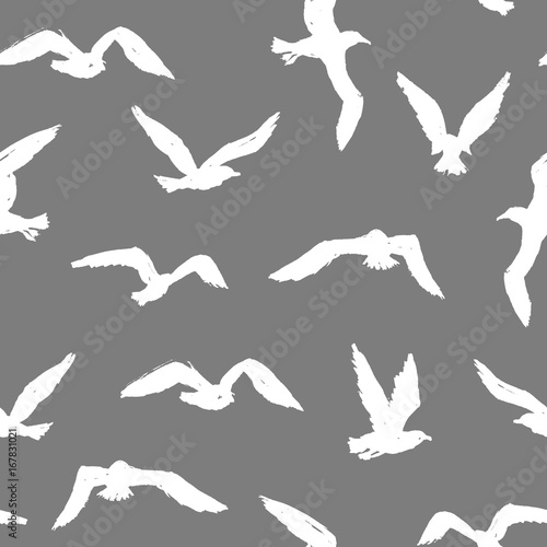 Seagulls - grunge seamless pattern with white hand-drawn birds