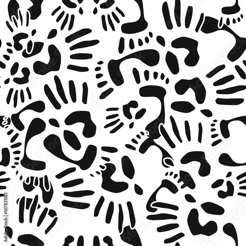 Footprints seamless wallpaper. Traces of hands and feet, textile pattern. Vector background texture.