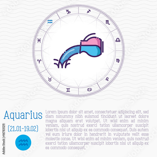 Aquarius in zodiac wheel, horoscope chart with place for text. Thin line vector illustration.