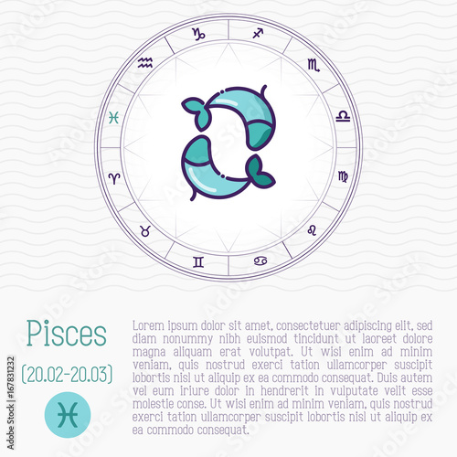 Pisces in zodiac wheel, horoscope chart with place for text. Thin line vector illustration.
