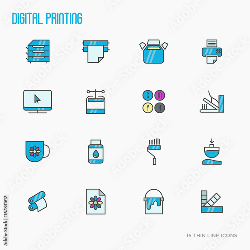 Digital printing thin line icons set. Vector illustration.