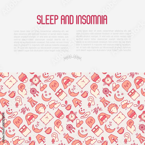 Sleep and insomnia concept with thin line icons: man in sleeping mask, comfortable pillow, alarm, aroma lamp, earplugs, sheep. Vector illustration for banner, web page, print media.