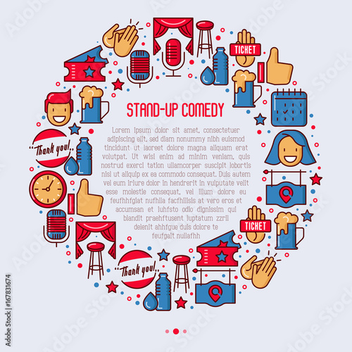 Stand up comedy show concept in circle with thin line icons. Vector illustration for banner, web page, print media.