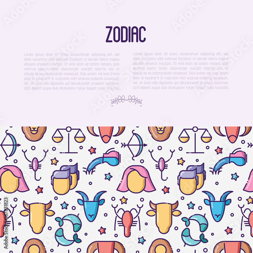 Zodiac signs concept with thin line icons for banner with horoscope, web site or background. Vector illustration.
