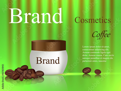 Scrub for coffee body, cream tube on green and brown background, cosmetics design, coffee beans, beauty, advertisement, banner, poster, 3d vector, realistic illustration