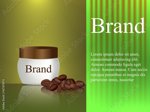 Body scrub coffee, body cream on brown background, cosmetics design, coffee beans, beauty, advertisement, banner, poster, 3d vector, realistic illustration