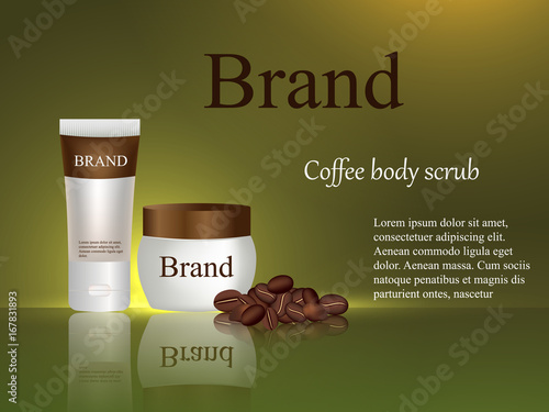 Body scrub coffee, cream, gel, body lotion on brown background, cosmetics design, coffee beans, beauty, advertisement, banner, poster, 3d vector, realistic illustration