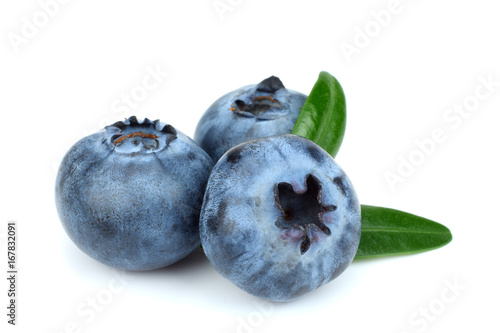 blueberries with green leaf isolated on white background. macro