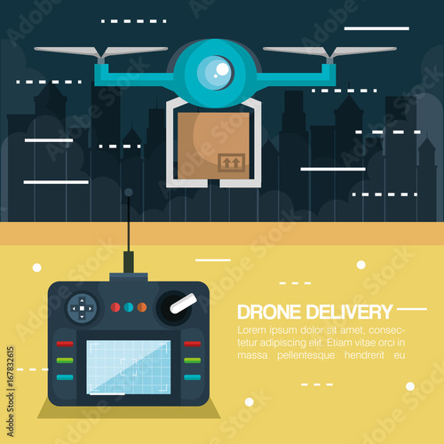 modern delivery of the package by flying drone with control vector illustration