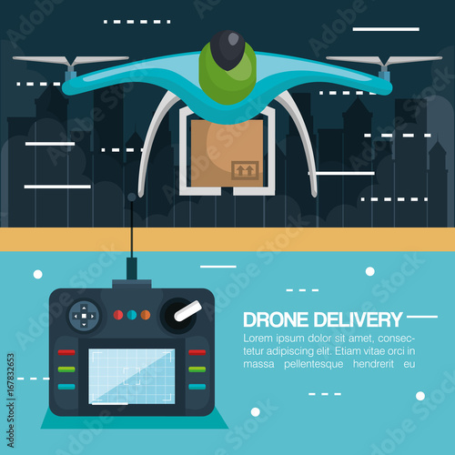modern delivery of the package by flying drone with control vector illustration