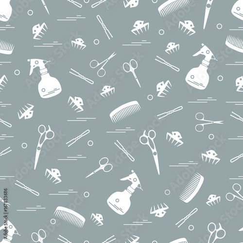 Cute pattern of scissors, combs, hairclip, hairpins and sprayer. For the provision of hairdressing services.