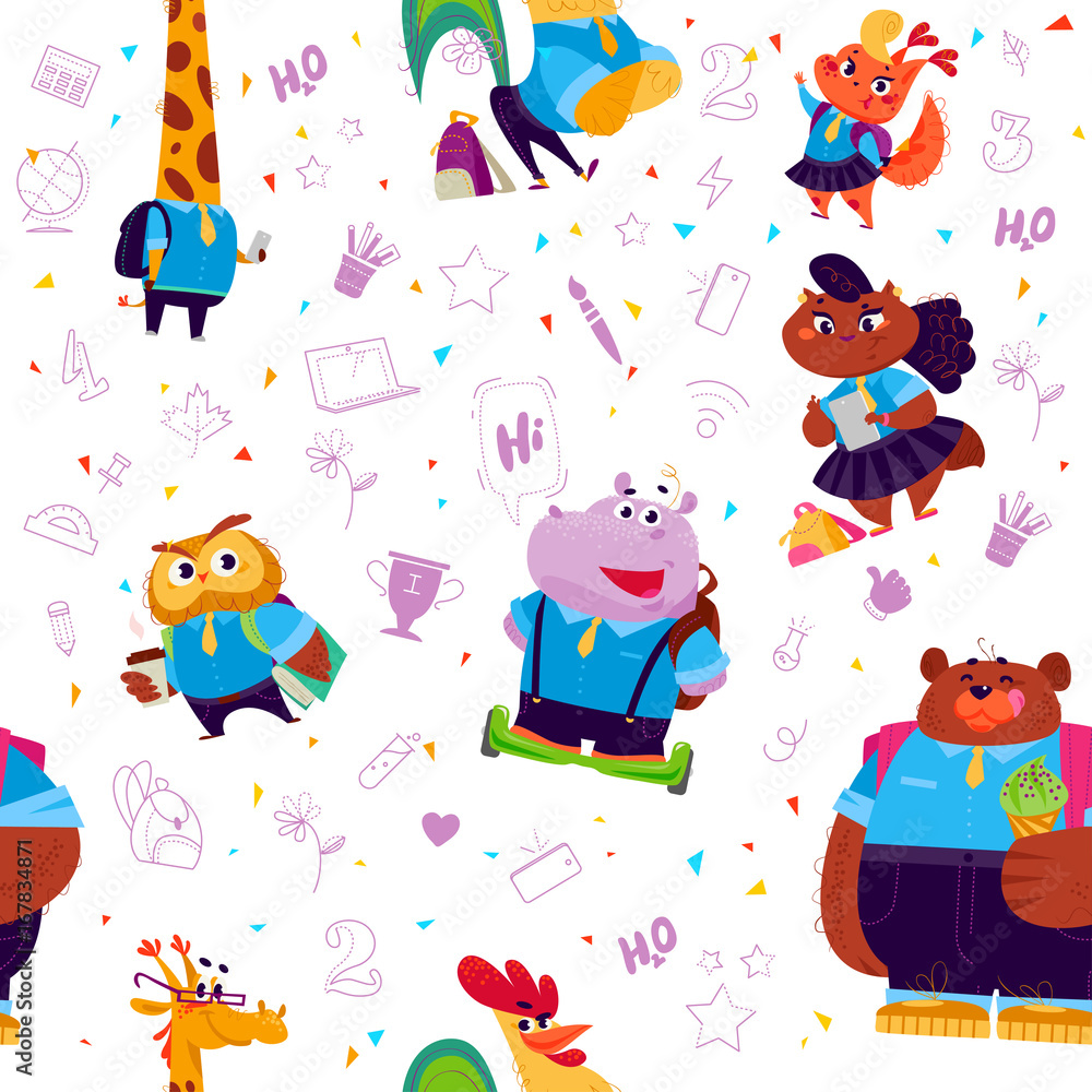 Fototapeta premium Vector cartoon back to school seamless pattern