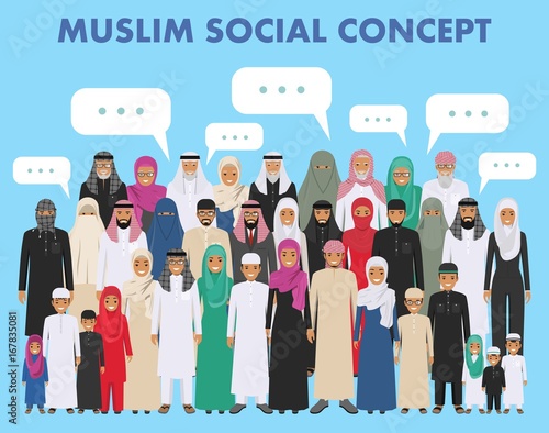 Family and social concept. Arab person generations at different ages. Group young and old muslim people standing together in different traditional islamic clothes on white background in flat style.