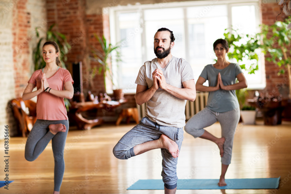 Fototapeta premium group of people doing yoga tree pose at studio