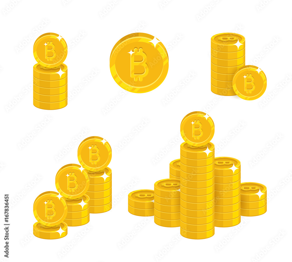 Piles gold bitcoins isolated cartoon set. A lot of stacks and slides of gold bitcoins and bitcoin signs for designers and illustrators. Gold bunches of pieces in the form of a vector illustration Piles gold bitcoins isolated cartoon set. A lot of stacks and slides of gold bitcoins and bitcoin signs for designers and illustrators. Gold bunches of pieces in the form of a vector illustration