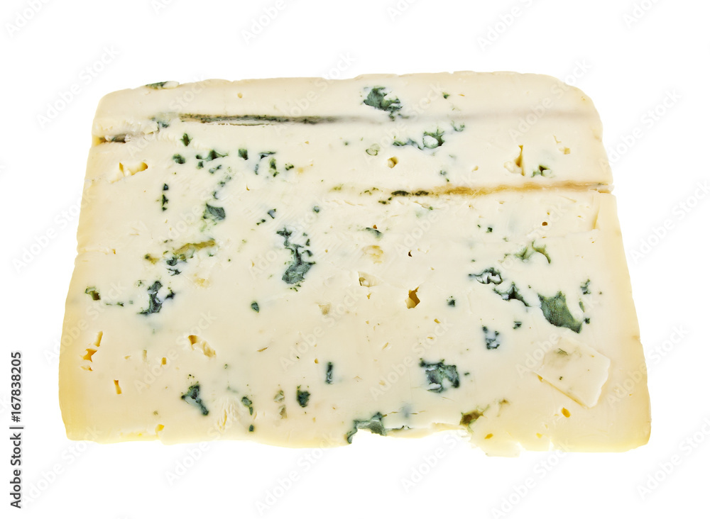 Wedge of soft blue cheese with mold isolated on white background