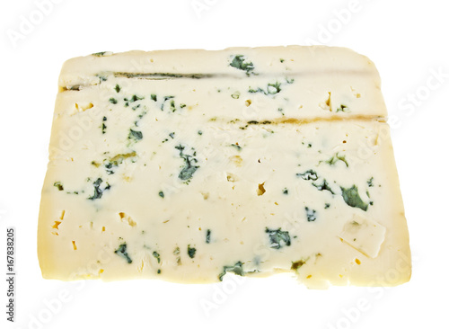 Wedge of soft blue cheese with mold isolated on white background