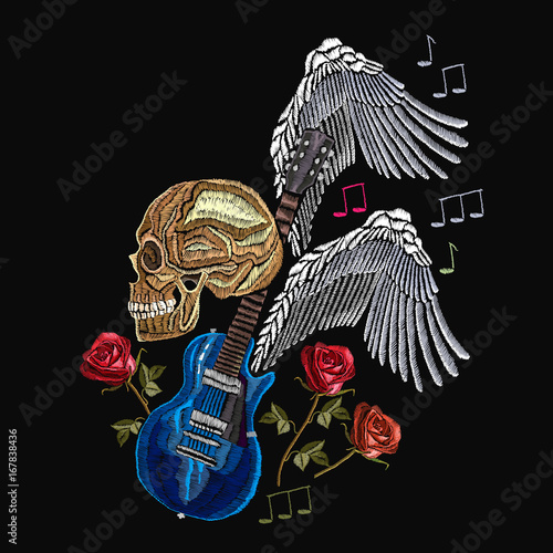 Embroidery rock music. Skull, guitar, wings, classical embroidery, music print template for clothes, textiles, t-shirt design