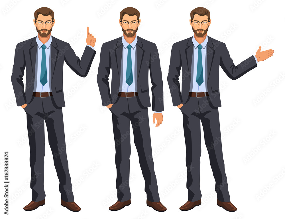 Man in business suit with tie. Bearded guy, gesturing. Elegant businessman in different poses. Stock vector. Man in business suit with tie. Bearded guy, gesturing. Elegant businessman in different poses. Stock vector.