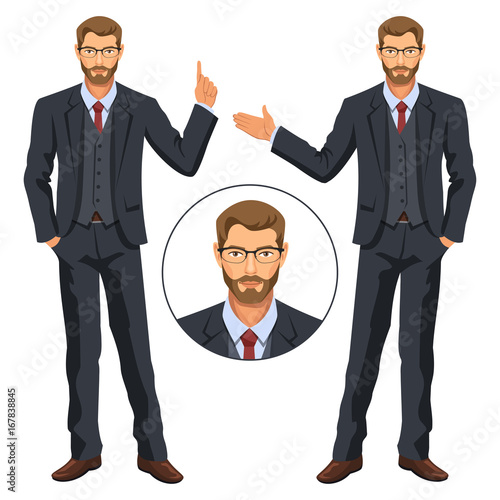Man in business suit with vest. Bearded guy, gesturing. Elegant businessman in costume. Avatar. Stock vector.