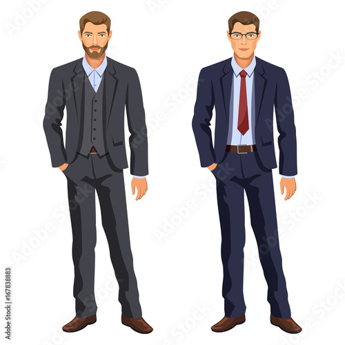 Two men. Man in business suit. Elegant young cartoon businessman. Guy in costume. Stock vector.