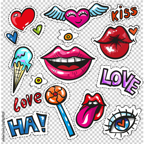 Fashion patch badges with lips, hearts, speech bubbles, stars and love elements